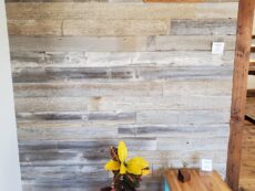 A rustic wooden wall with a small black vent at the top. Below, a colorful houseplant in a white pot stands next to a small wooden table with turquoise legs. The floor is made of reclaimed wood.