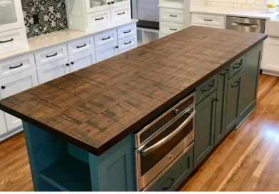 reclaimed wood countertop in a kitchen